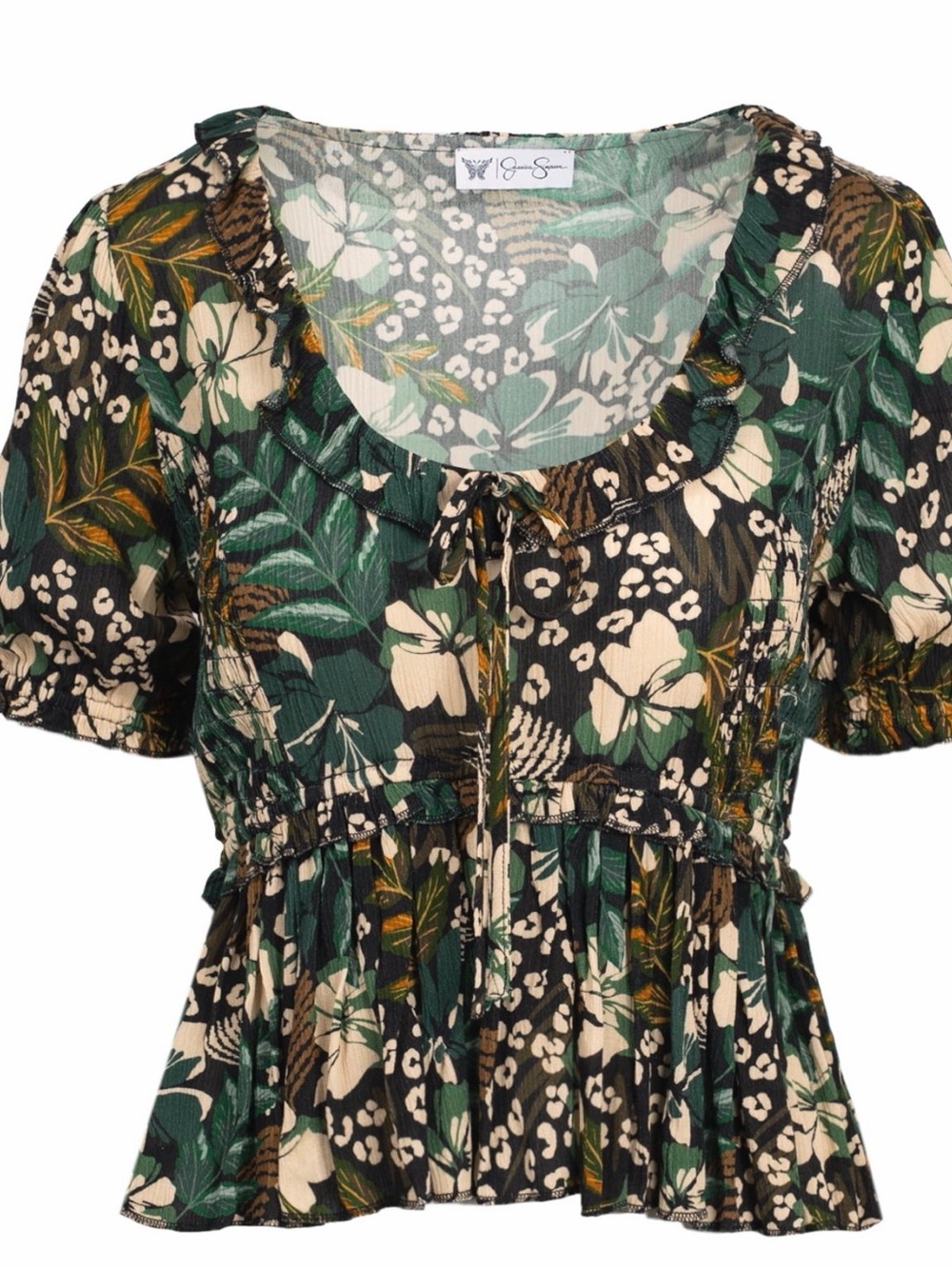 Jessica Simpson Green and Cream Floral Ruffled Peplum Tie-Front Blouse
